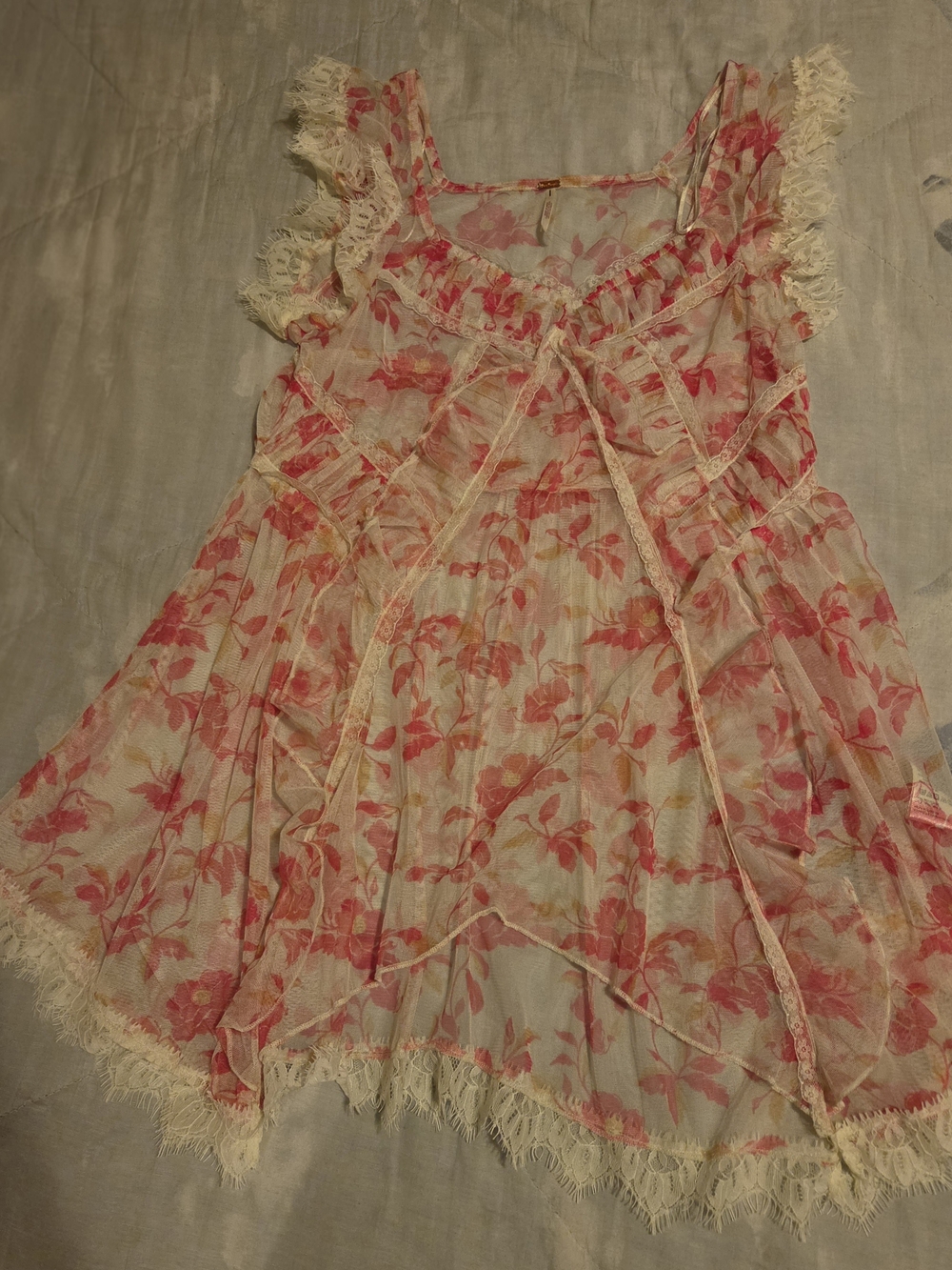 Free People Pink Floral Lace-Trim Sheer Top